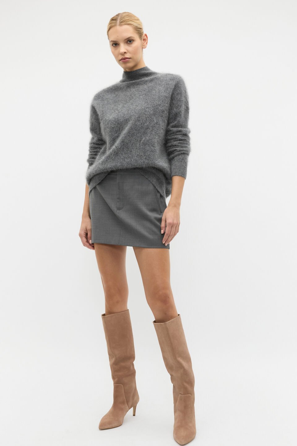 Brushed Cashmere Roll Neck Knit  Charcoal Grey Marle