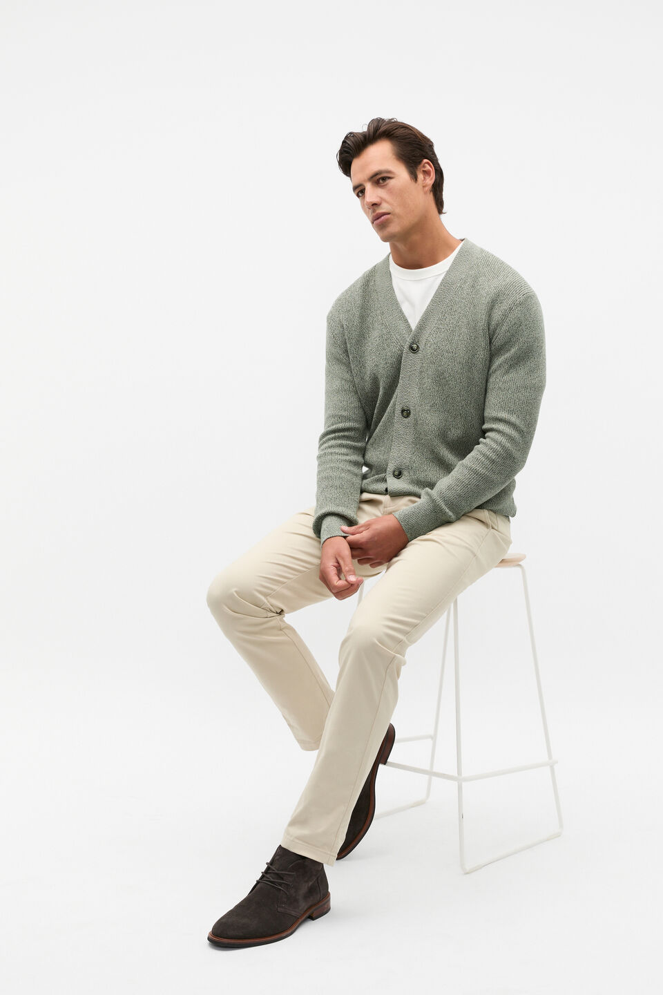 Button Down Cardigan  Dark Khaki Marle