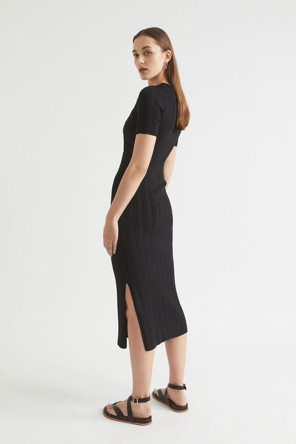 Rib Knit Twist Front Midi Dress  Black  hi-res