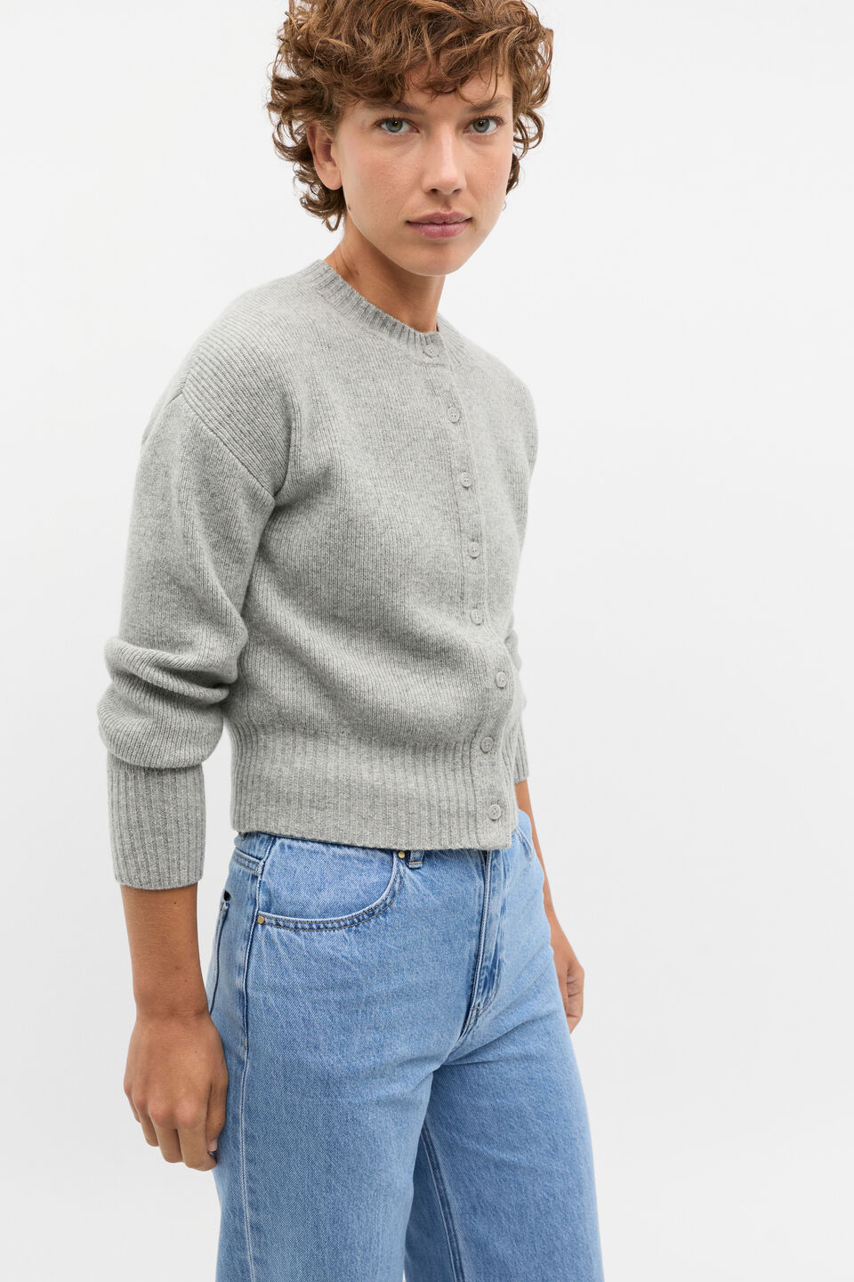 Merino Button Up Knit Cardigan  Silver Marle