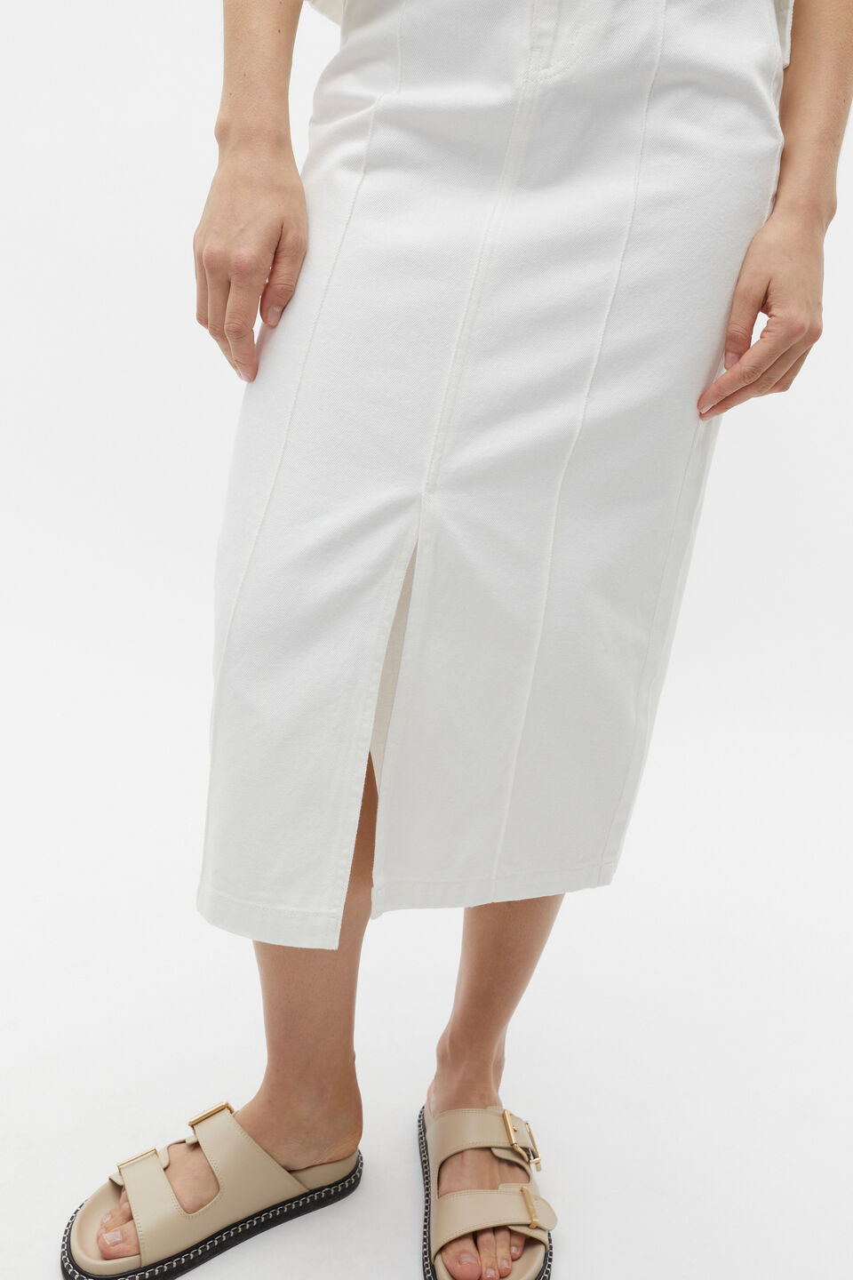 Denim Midi Pintuck Skirt  Cloud Cream