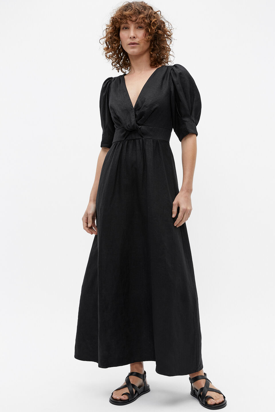 Linen Twist Front Midi Dress  Black