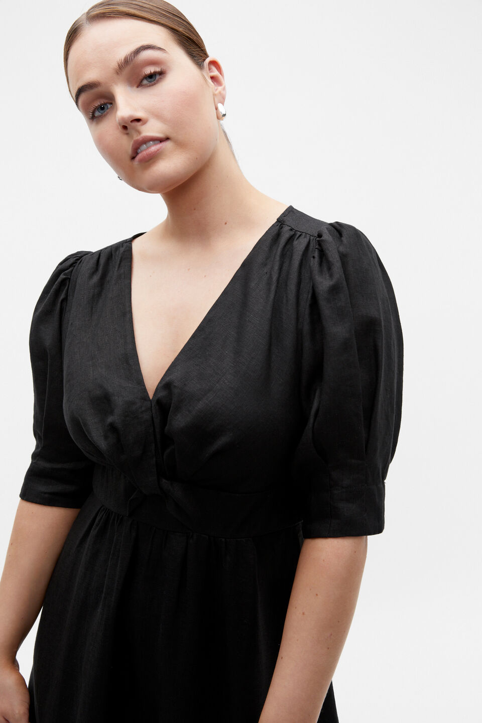 Linen Twist Front Midi Dress  Black