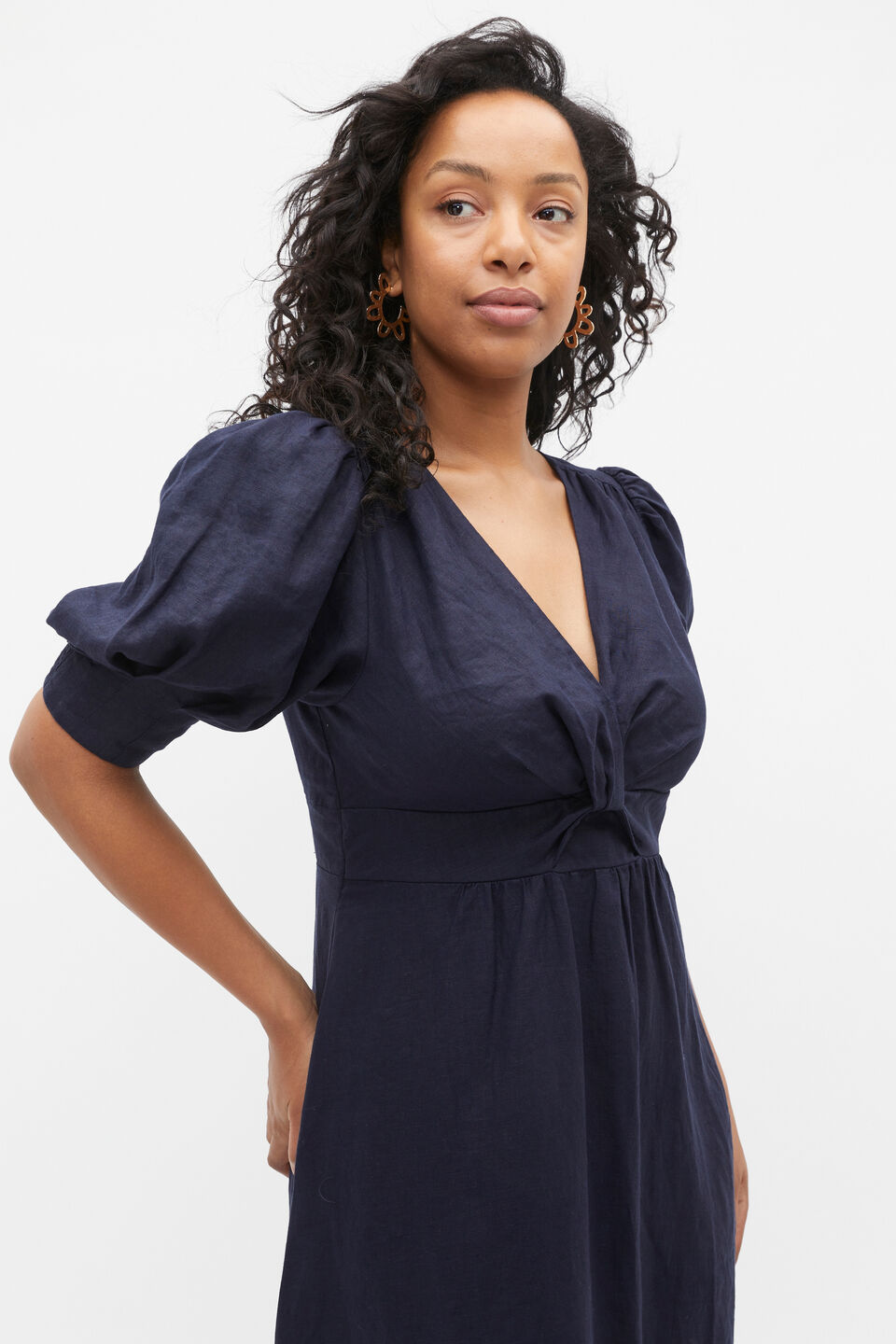 Linen Twist Front Midi Dress  Midnight Sky