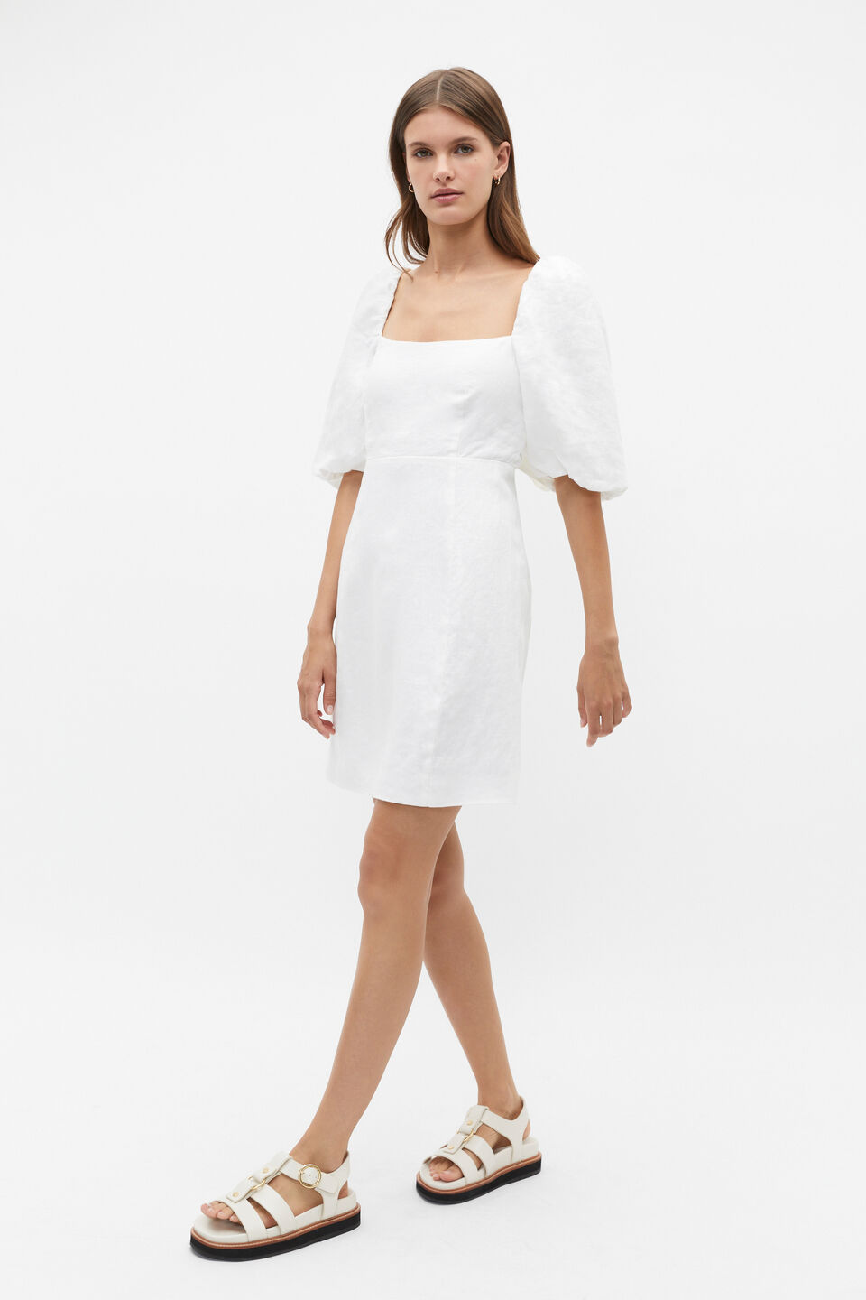 Linen Puff Sleeve Mini Dress  Whisper White