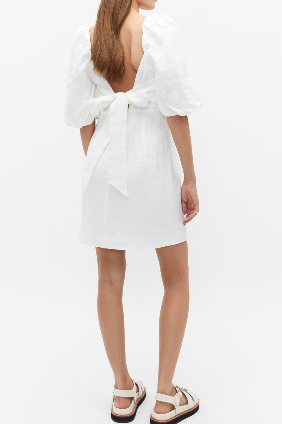 Linen Puff Sleeve Mini Dress  Whisper White