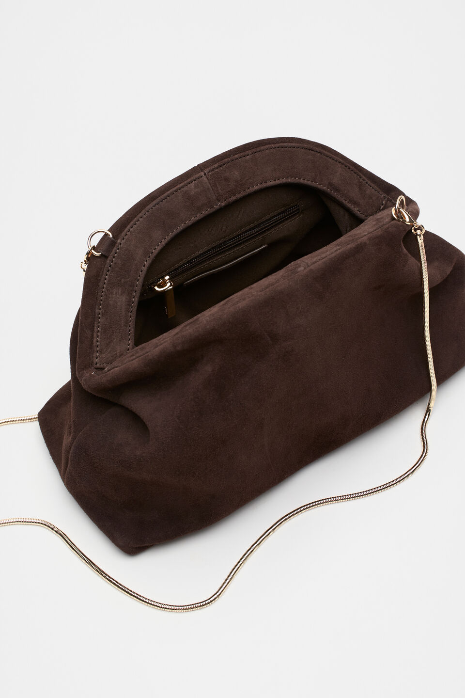 Suede Leather Rounded Clutch  Dark Espresso Suede