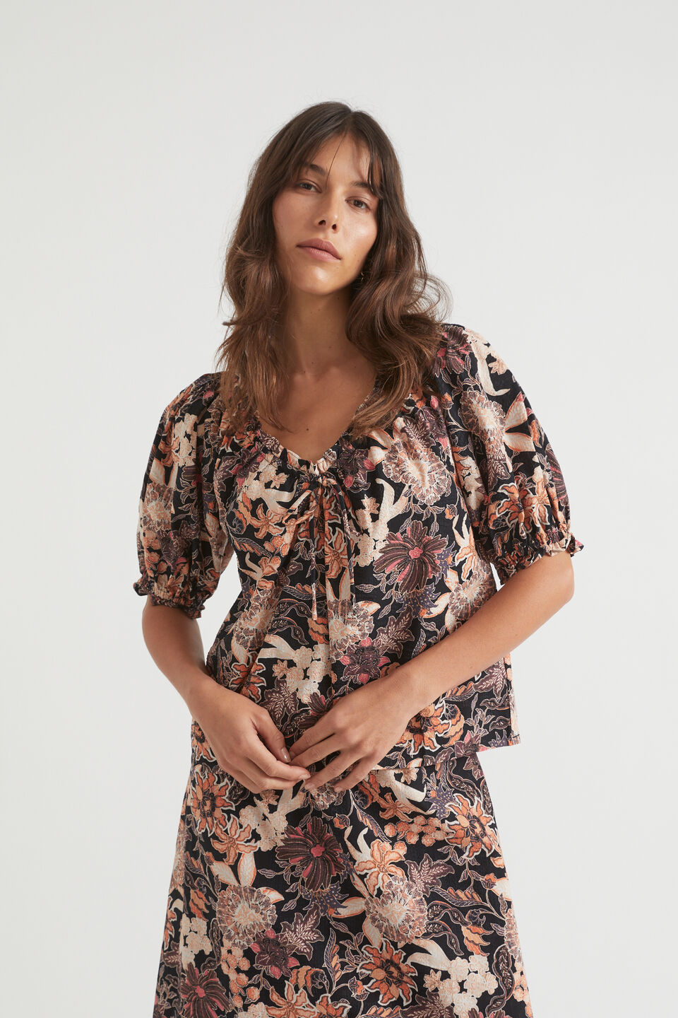 Floral Puff Sleeve top  Peach Bloom Floral