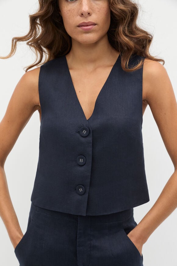 Linen V Neck Button Shell  Twilight Blue  hi-res