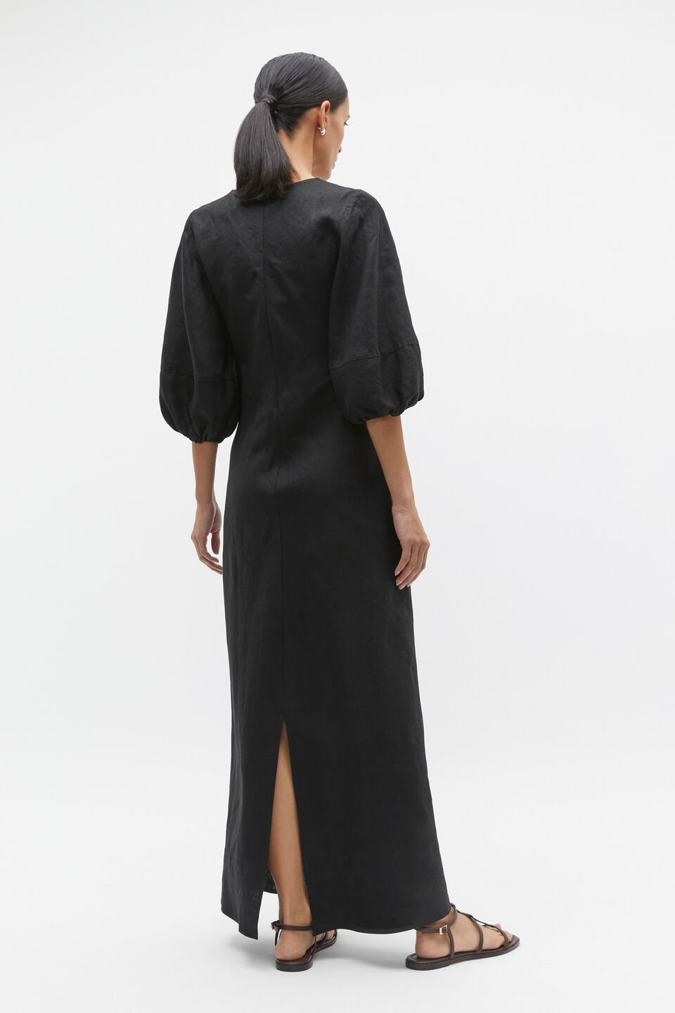 Linen Balloon Sleeve Slip Maxi Dress  Black