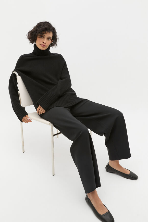 Merino Wool Roll Neck Side Split Knit  Black  hi-res