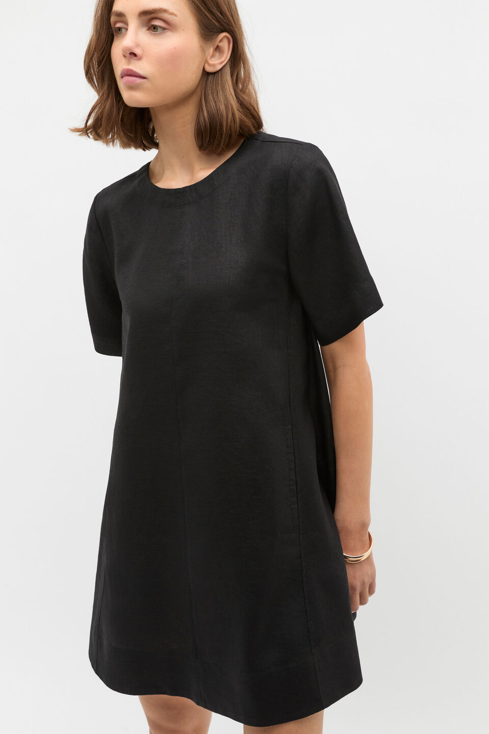 Linen Short Sleeve Mini Dress  Black