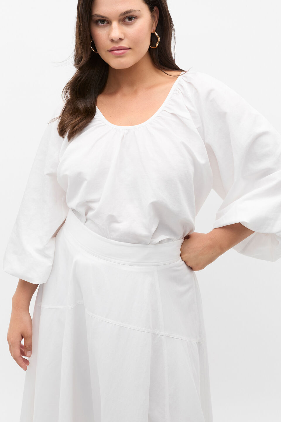 Scoop Neck Blouson Sleeve Top  Whisper White