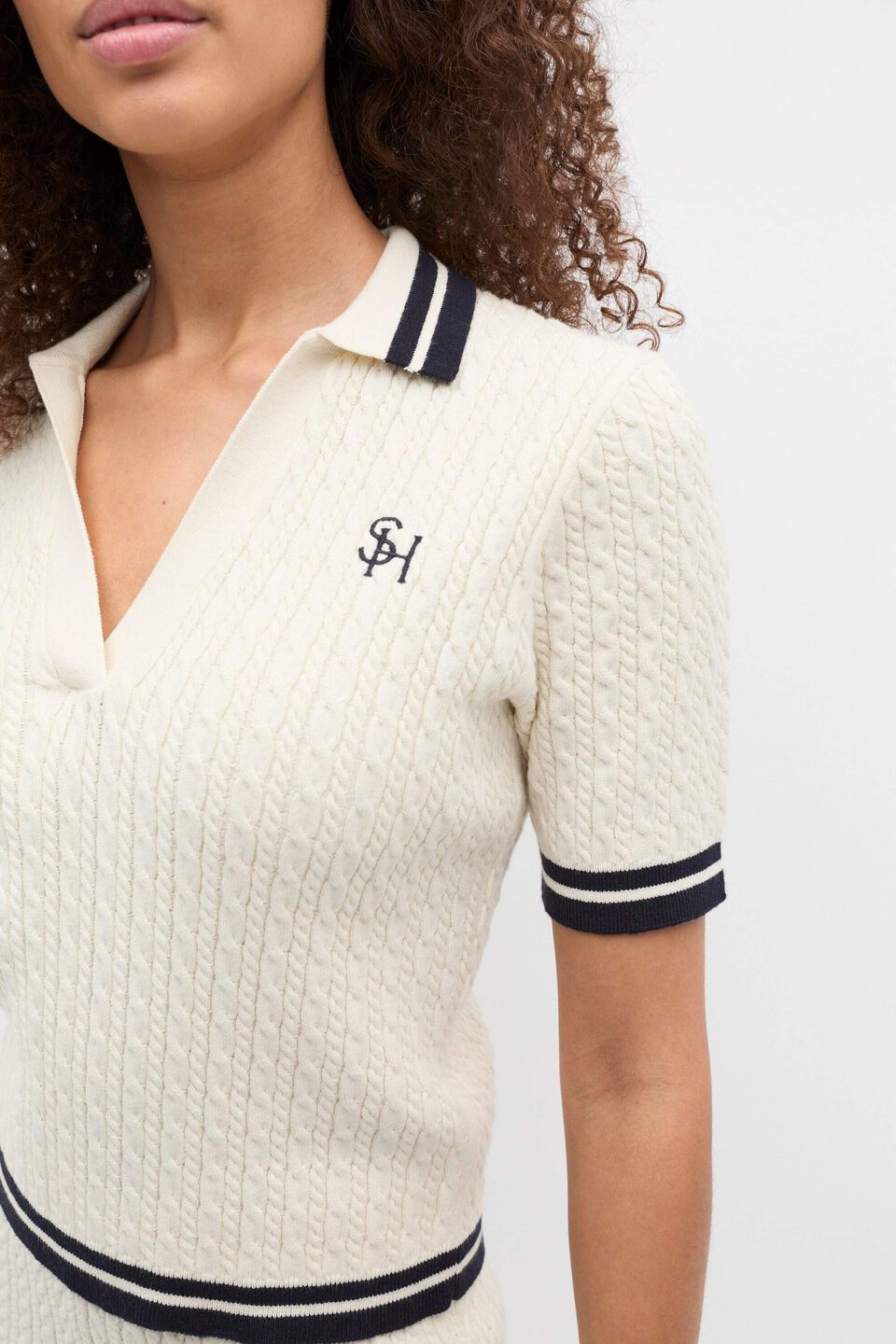 Cable Knit Polo  Coconut Cream
