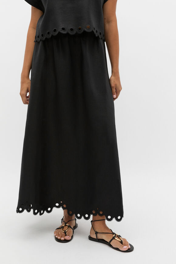 Linen Embroidered Skirt  Black  hi-res