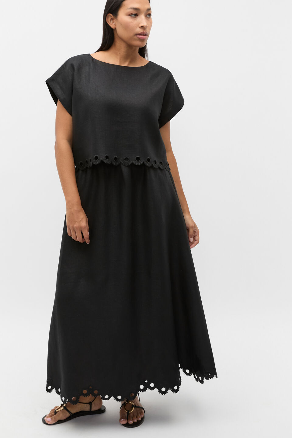 Linen Embroidered Skirt  Black