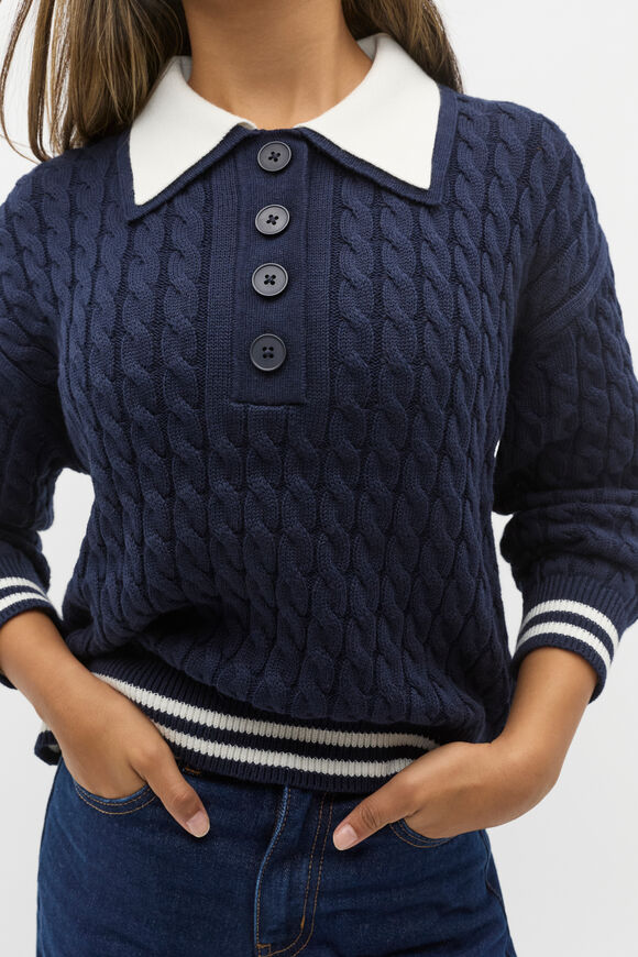 Cable Collar Knit Sweater  New Navy  hi-res