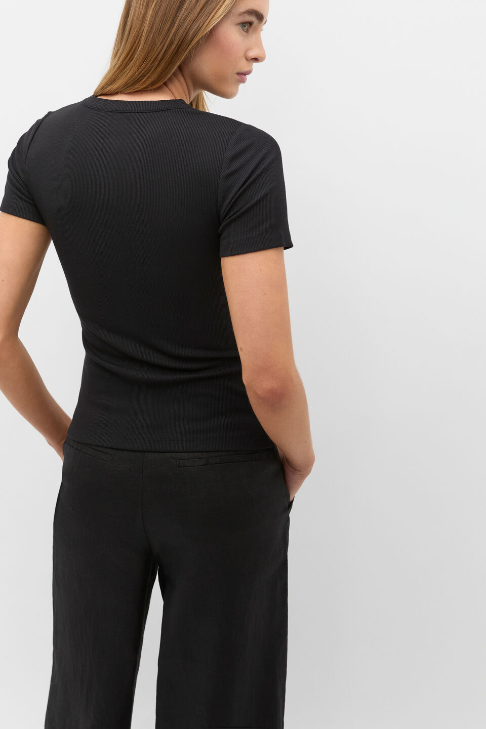 Rib Button Through Top  Black