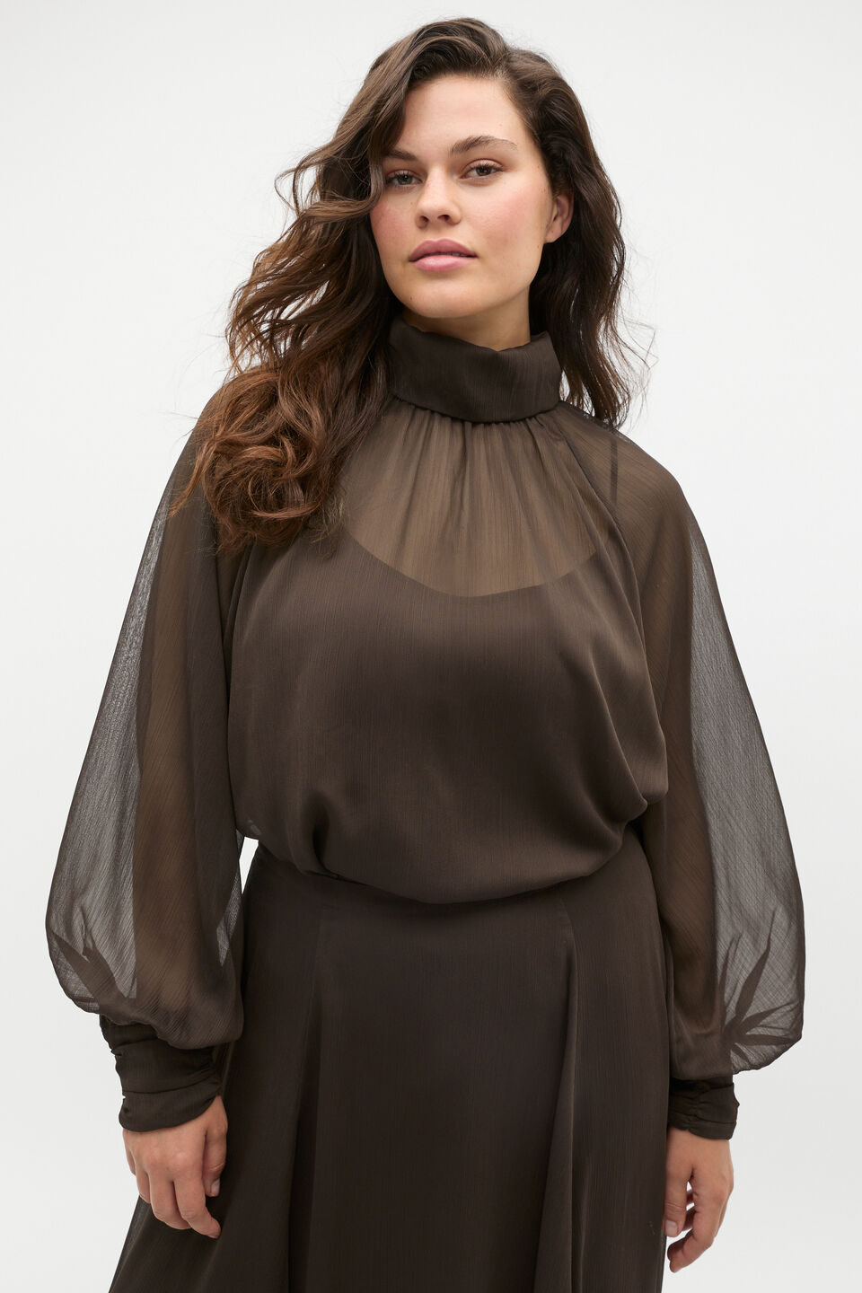 Chiffon Mock Neck Blouse  Dark Espresso