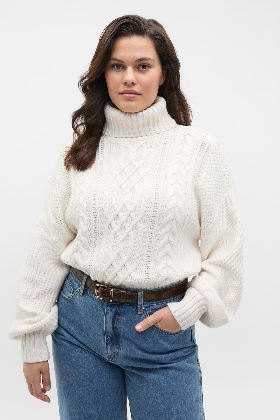 Cable Slouch Roll Neck Knit  Cloud Cream