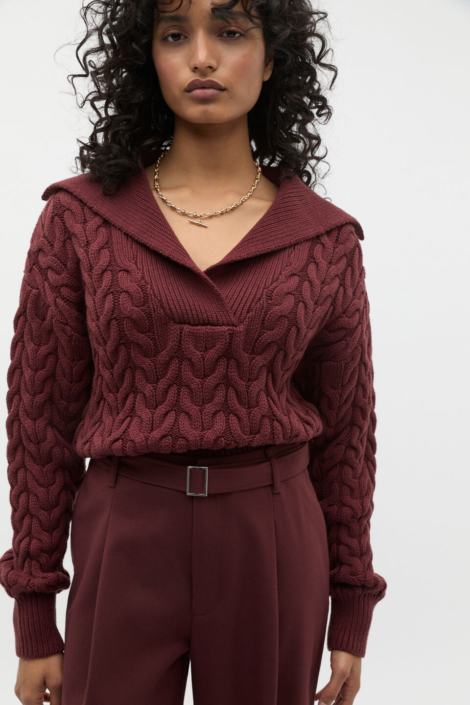 Easy Cable Knit Polo  Merlot