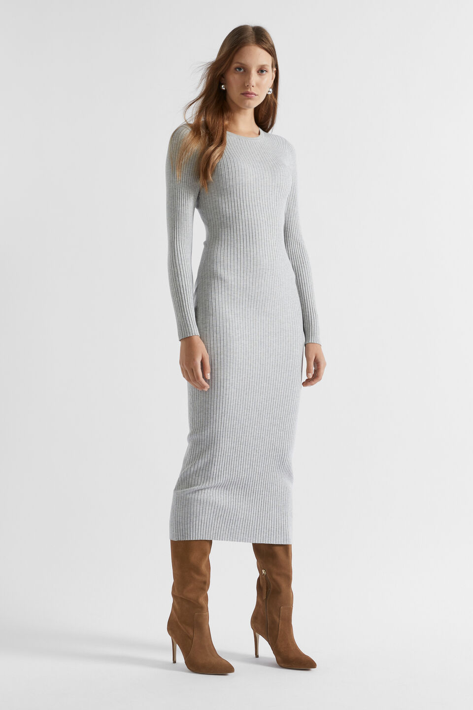 Rib Knit Crew Neck Dress  Silver Marle