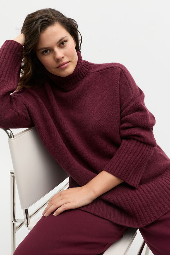 Merino Wool Roll Neck Side Split Knit  Plum Red  hi-res