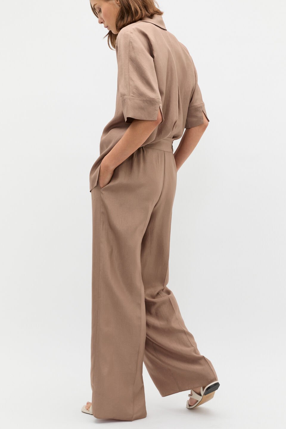 Crinkled Satin Palazzo Pant  Nutmeg