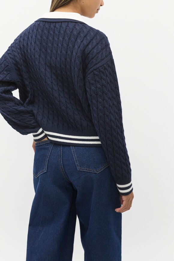 Cable Collar Knit Sweater  New Navy  hi-res