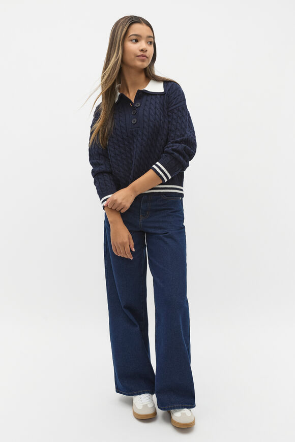 Cable Collar Knit Sweater  New Navy  hi-res