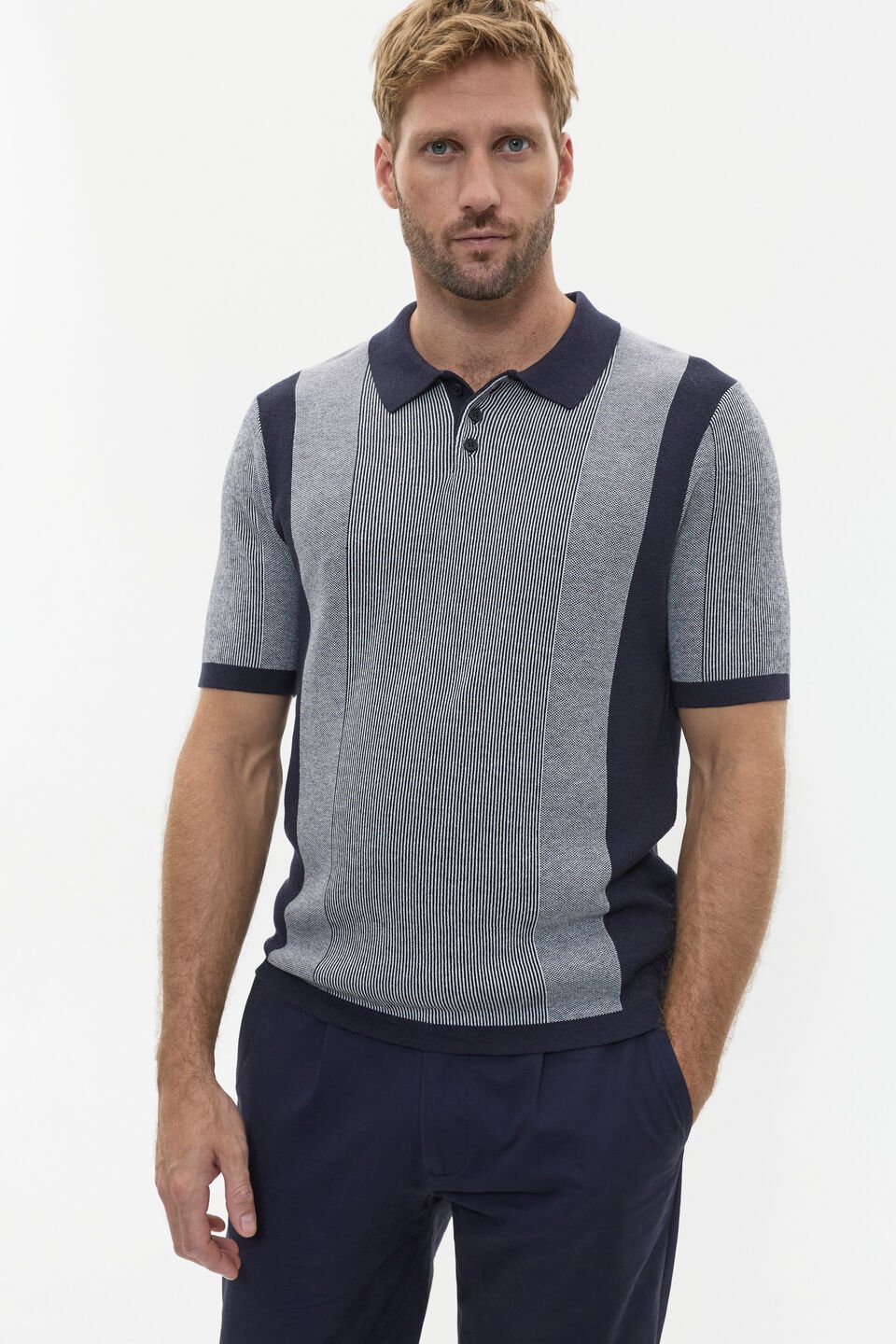 Micro Stripe Knit Polo  Midnight Blue Stripe