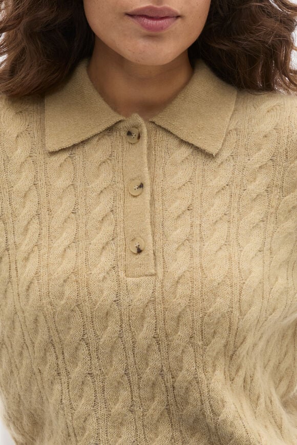 Cable Detail Knit Polo  Cashew Marle  hi-res