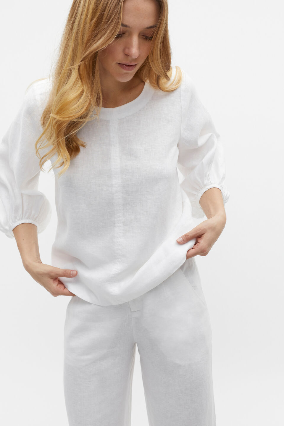 Core Linen Balloon Sleeve Top  Whisper White