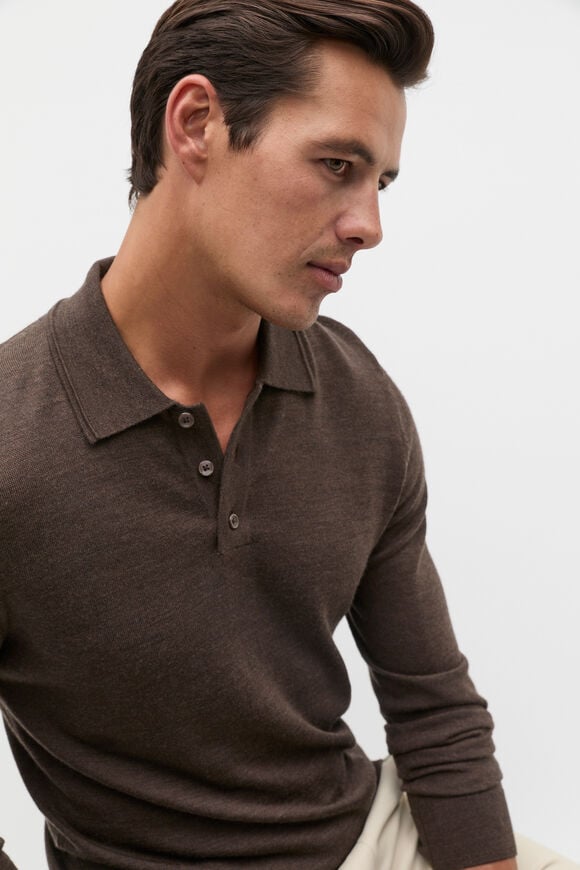 Merino Wool Long Sleeve Polo  Dark Espresso Marle  hi-res