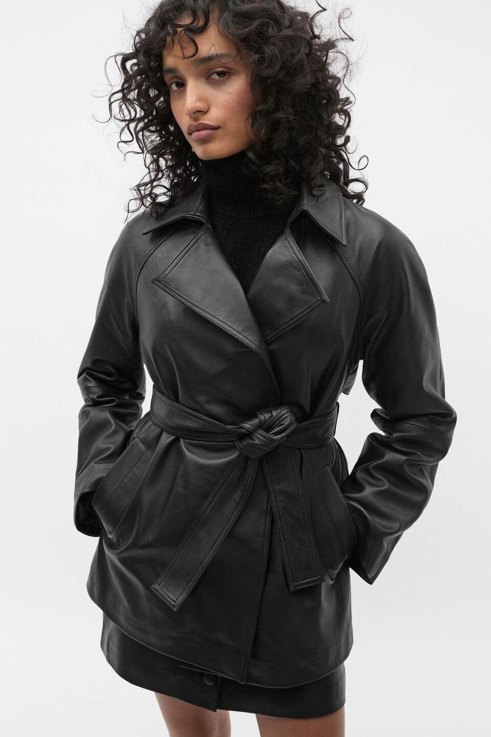 Leather Cropped Trench Coat  Black