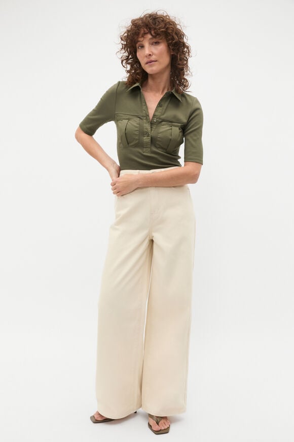 Contrast Placket Polo Top  Olive Leaf  hi-res