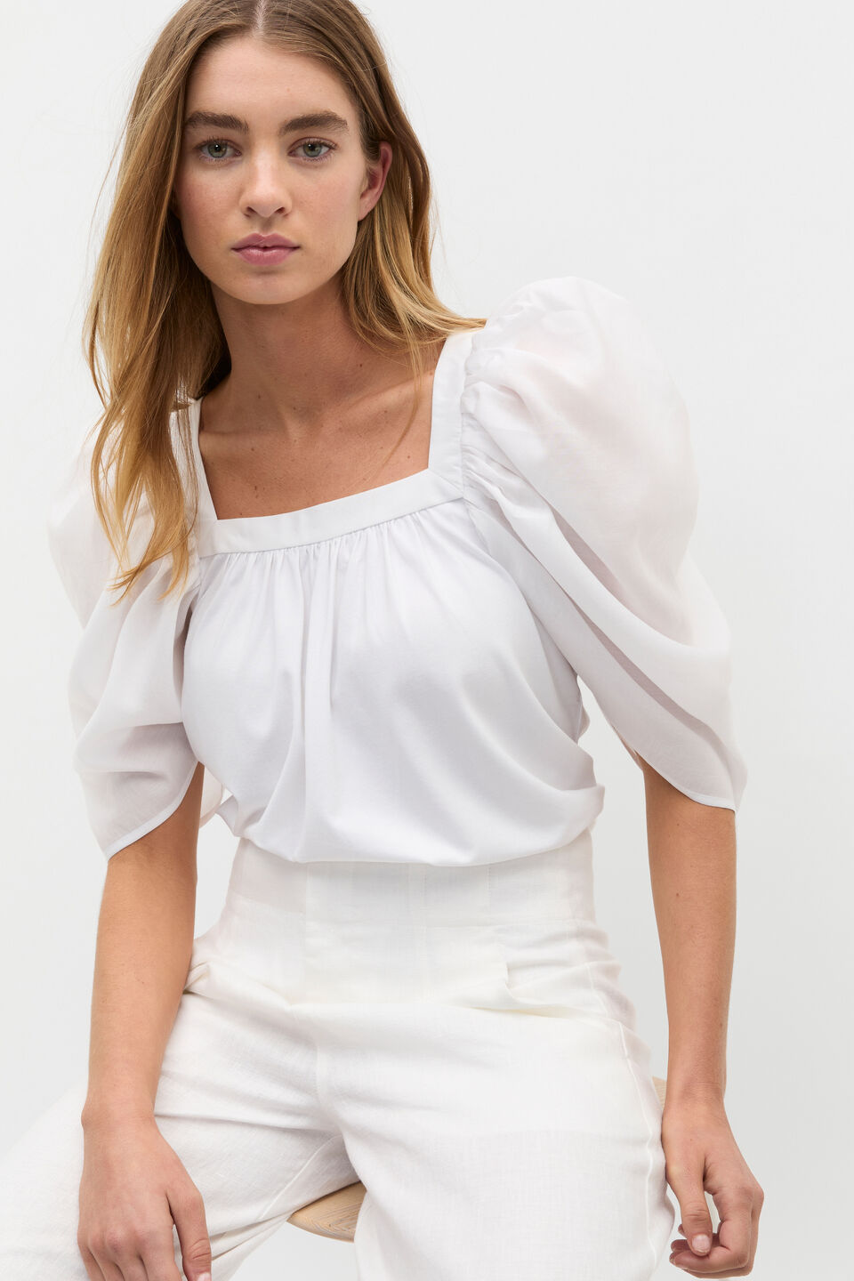 Square Neck Gathered Sleeve Top  Whisper White