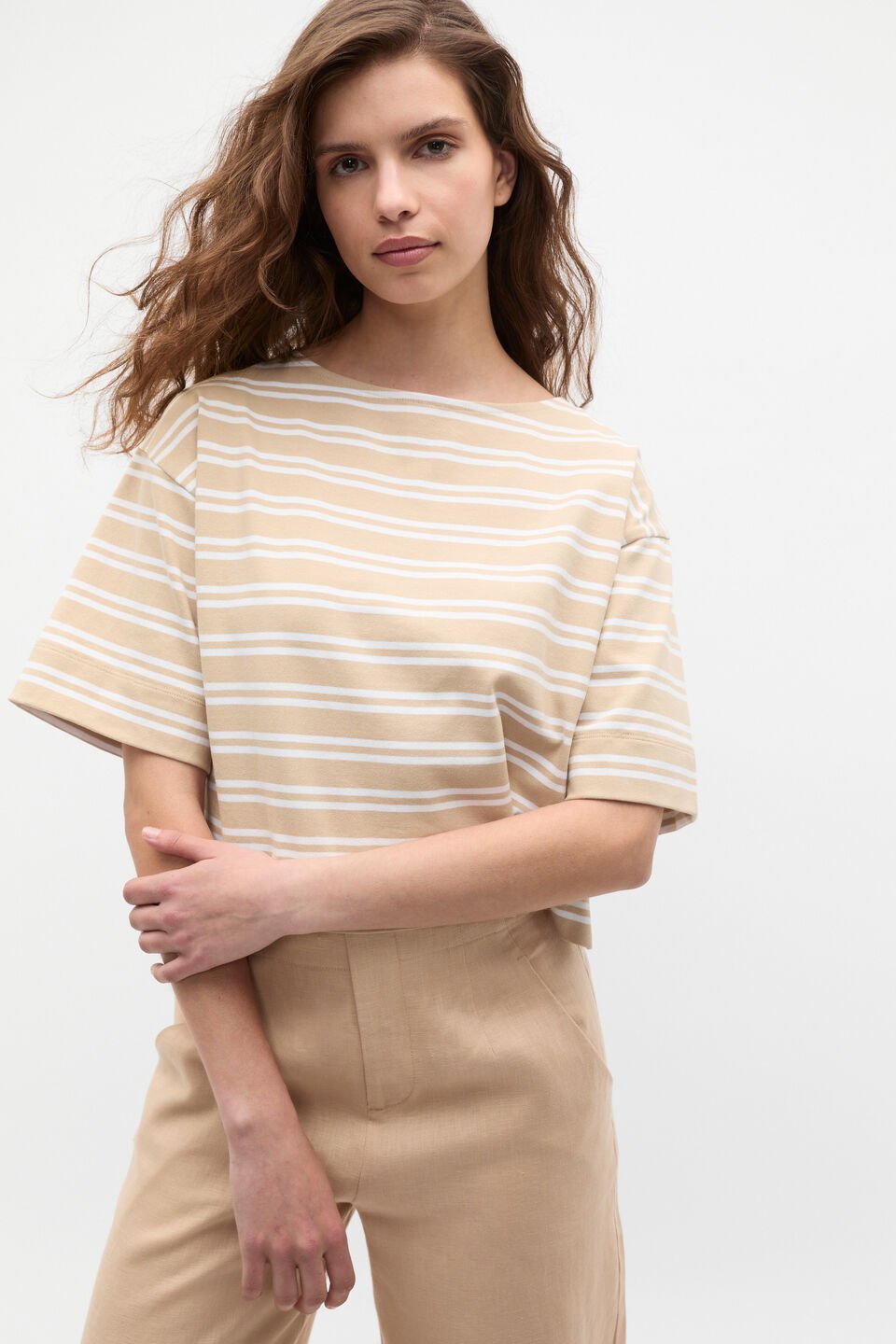 Cotton Boxy Split Hem Tee  Ecru Stripe