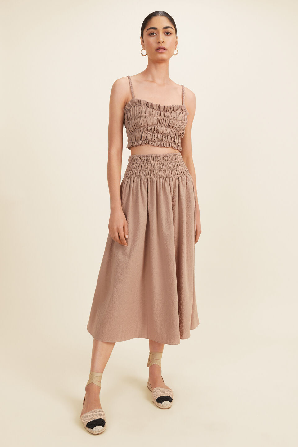 Self Stripe Ruched Top  Mocha Brown