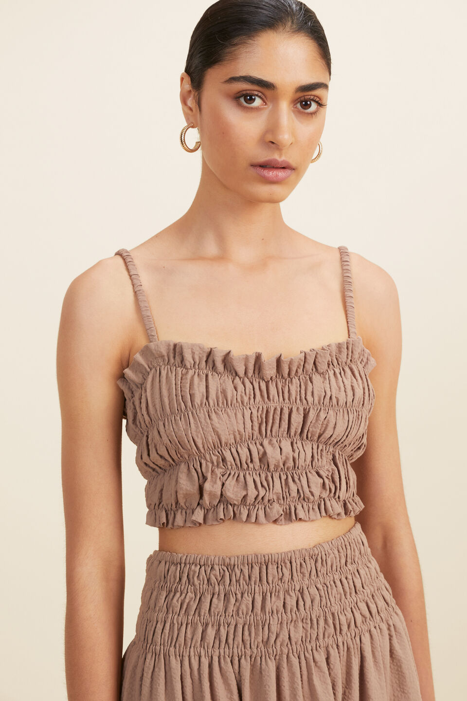 Self Stripe Ruched Top  Mocha Brown