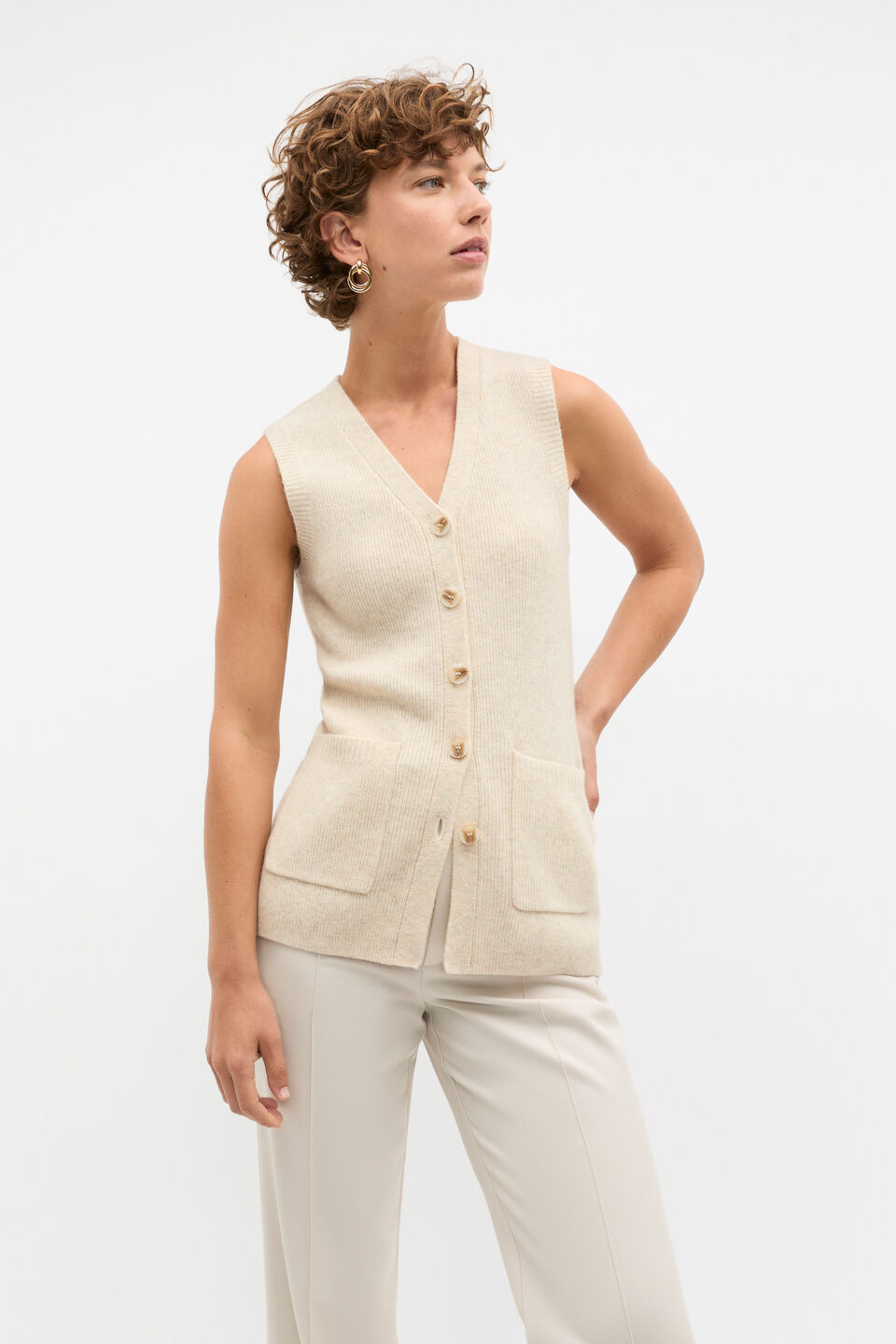 Merino Wool V Neck Button Vest  Oat Marle