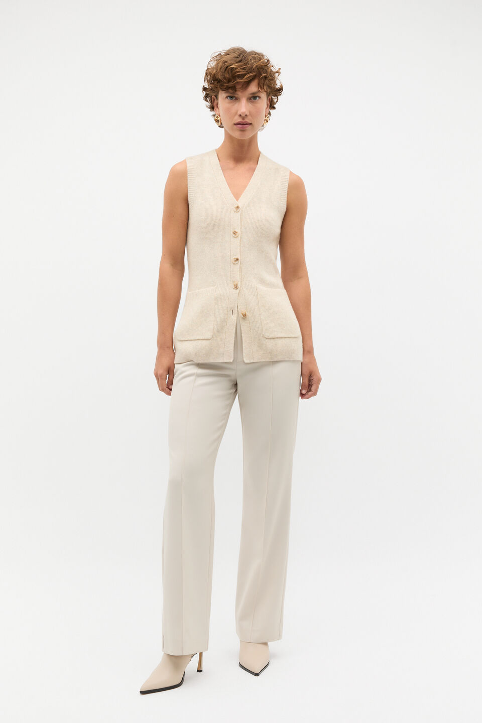 Merino Wool V Neck Button Vest  Oat Marle