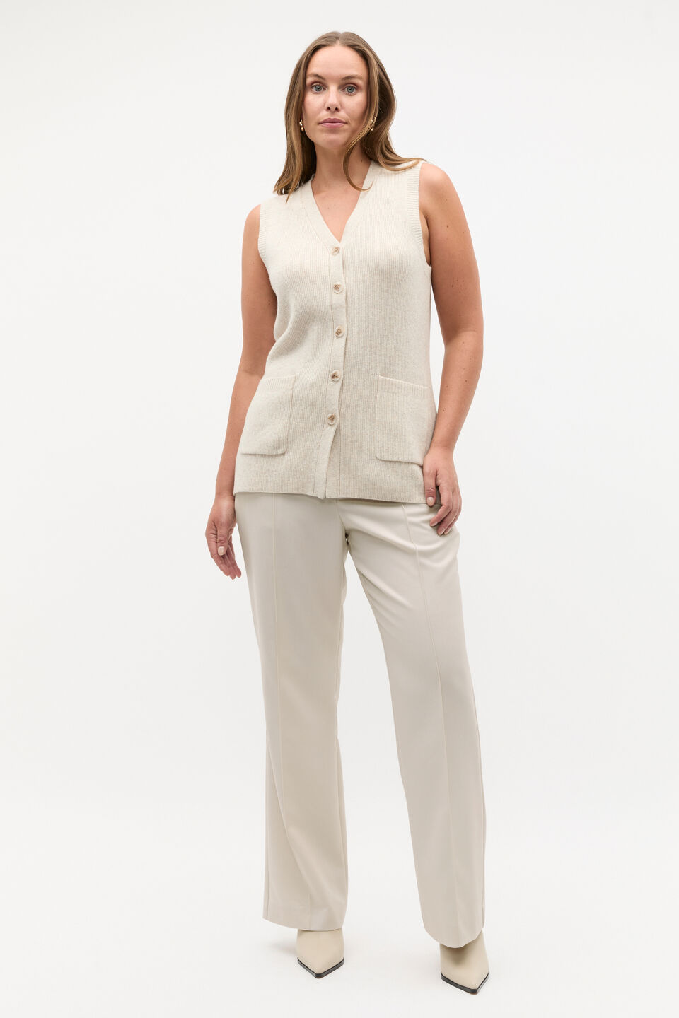 Merino Wool V Neck Button Vest  Oat Marle