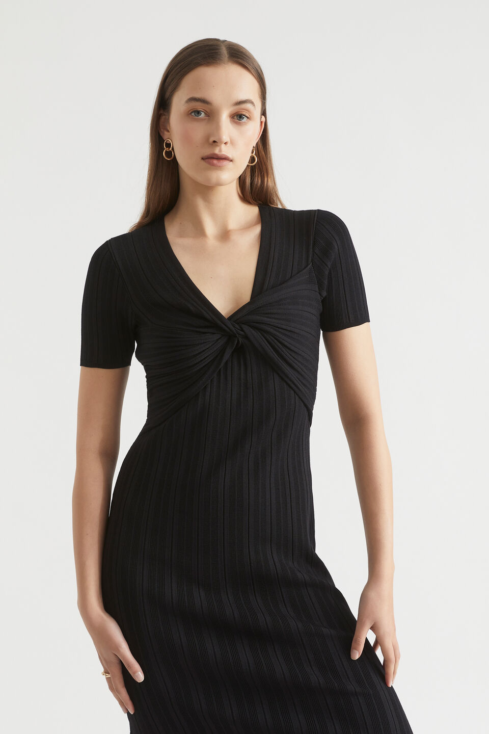 Rib Knit Twist Front Midi Dress  Black