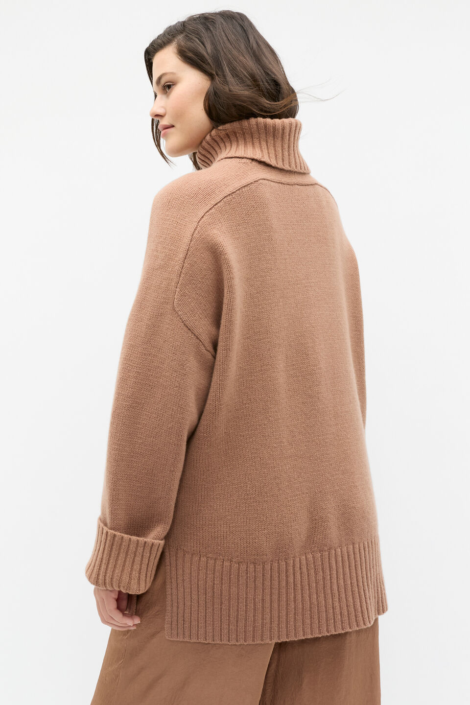 Merino Wool Roll Neck Side Split Knit  Amaretto