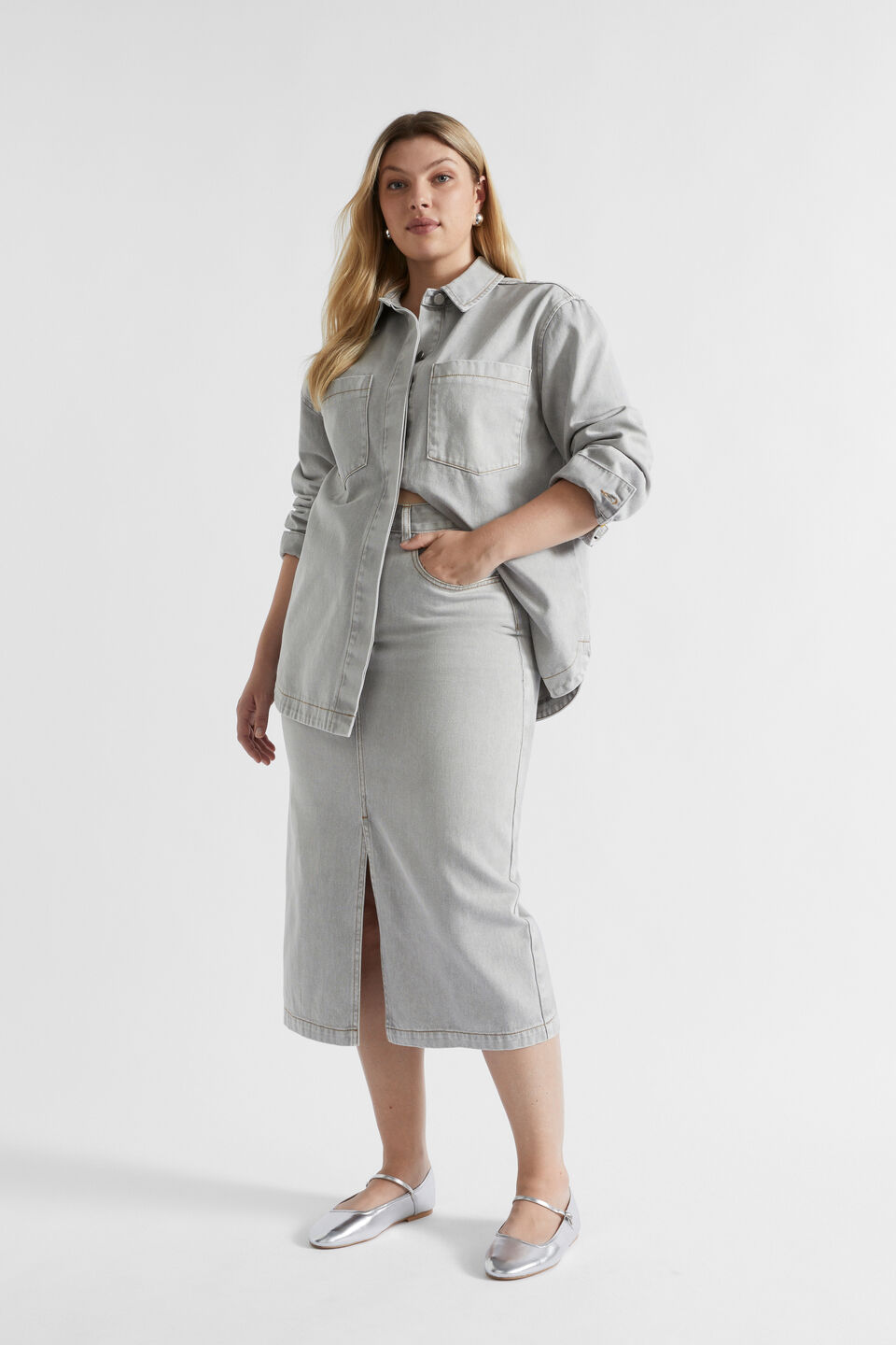 Denim Midi Split Front Skirt  Silver Wash