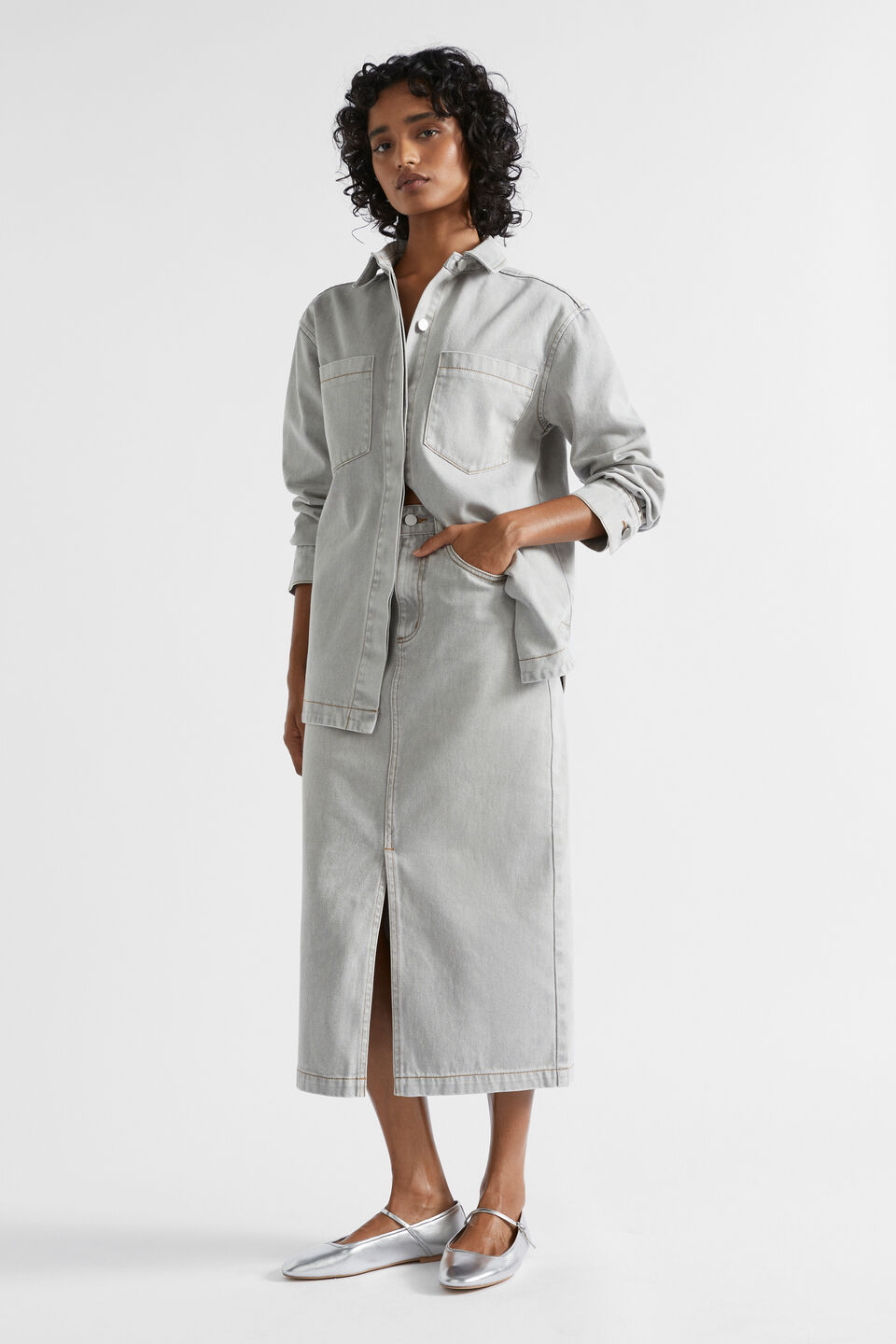 Denim Midi Split Front Skirt  Silver Wash