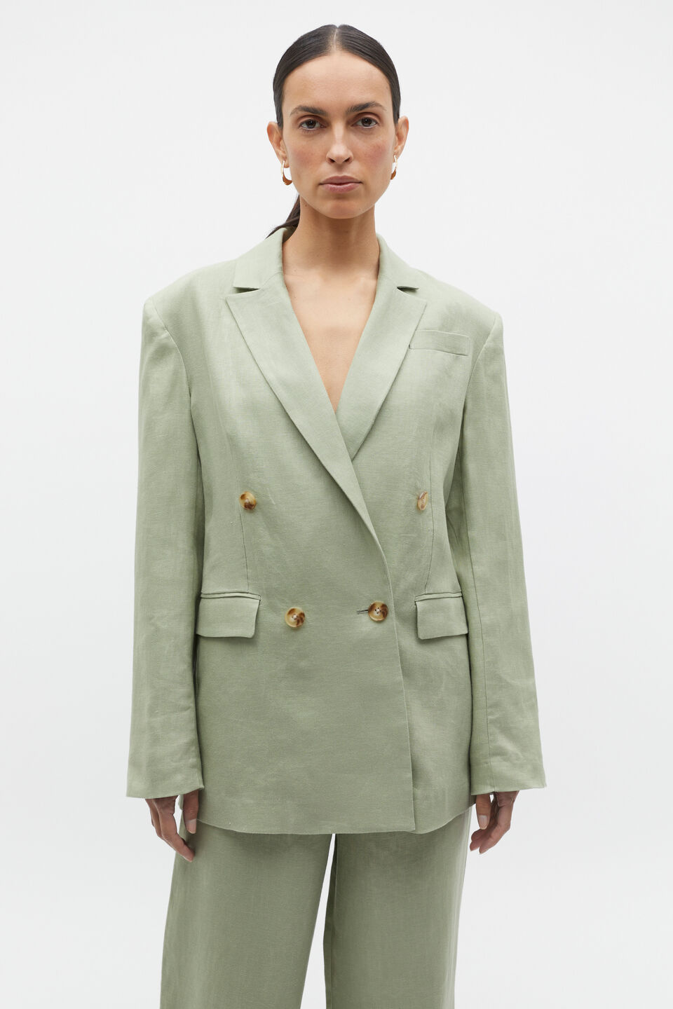 Linen Double Breasted Blazer  Pale Olive
