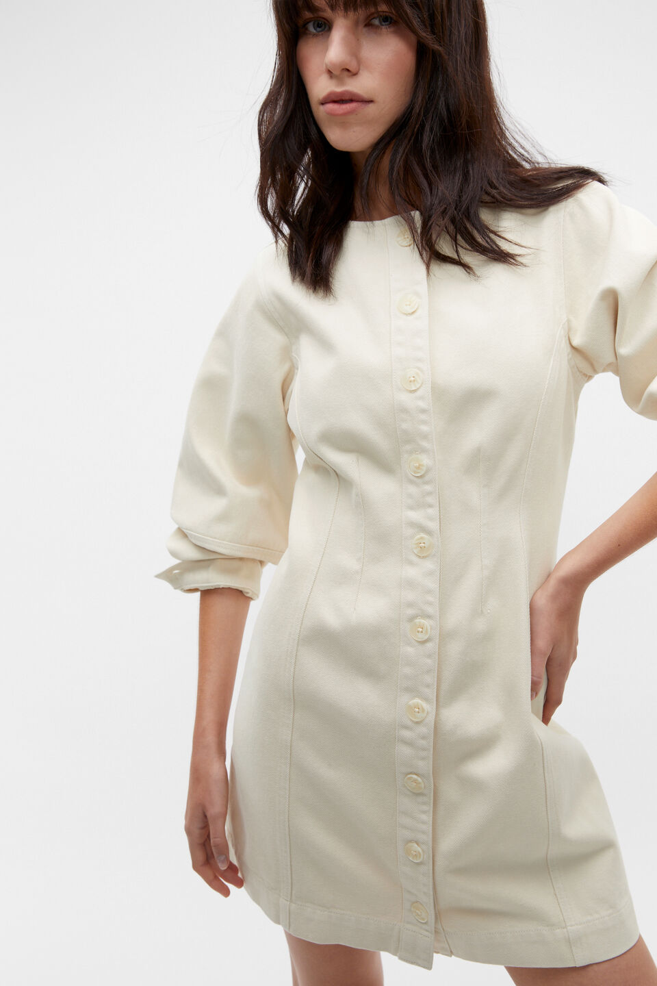 Denim Balloon Sleeve Mini Dress  Vanilla Cream