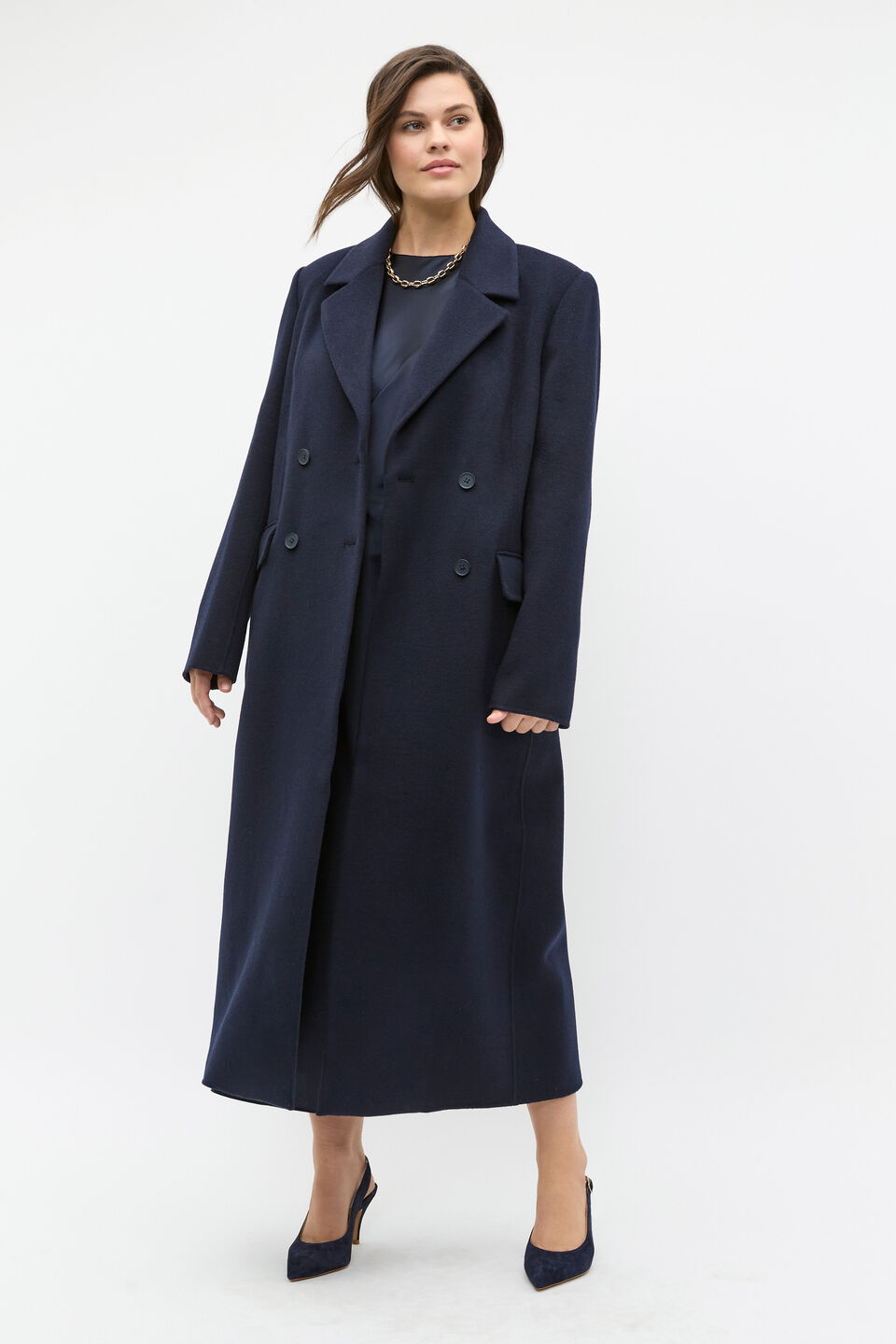 Wool Blend Double Breasted Coat  Twilight Blue